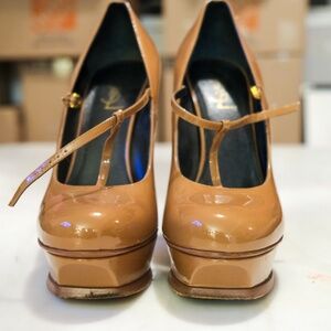 Women's Yves Saint Laurent Nude Patent Leather Size 10 Platform Pumps Shoes